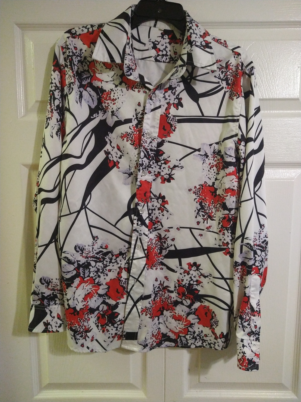 Men's Floral Button-Down Shirt in White with Red & Black Print
